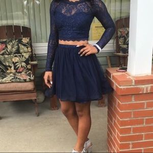 A navy blue prom dress